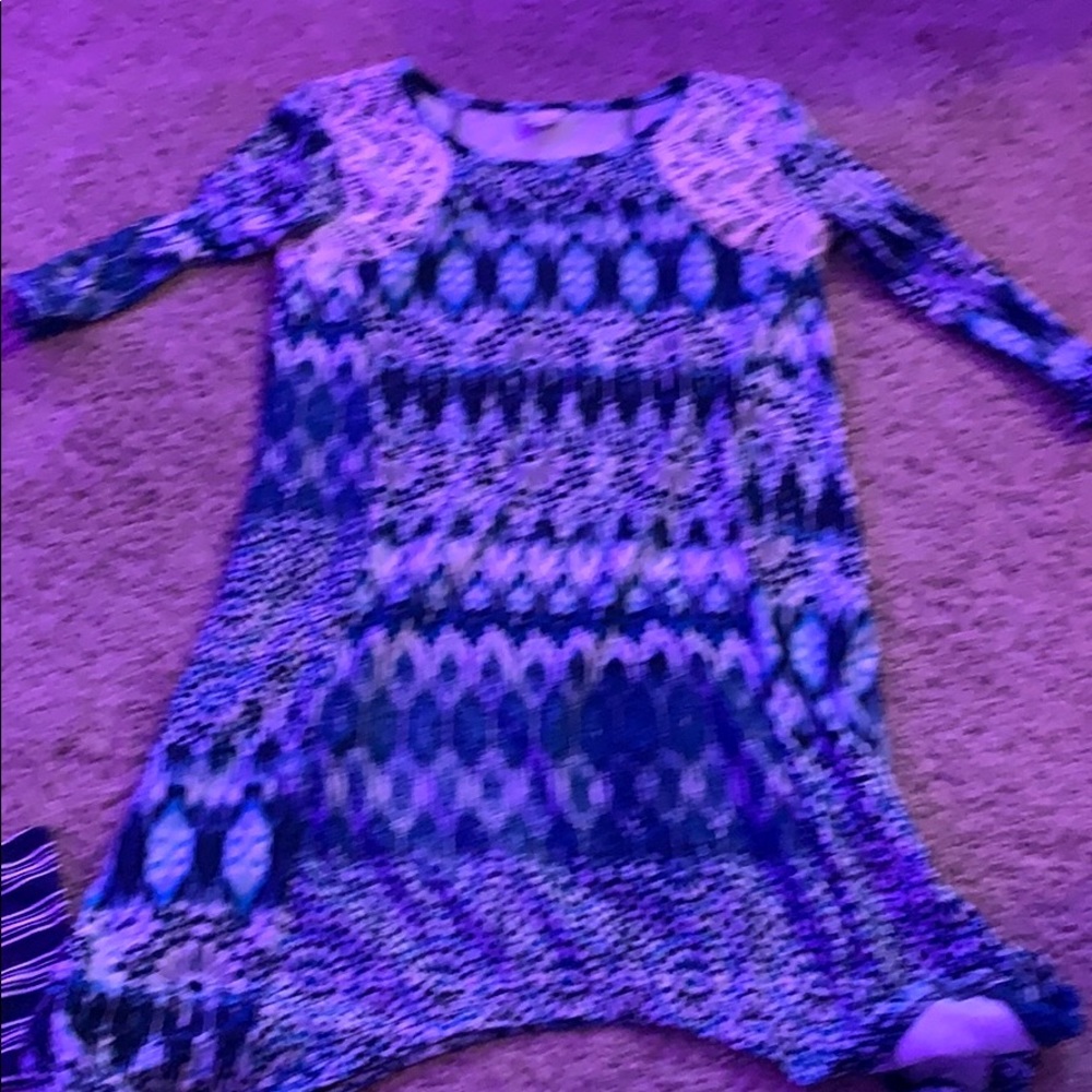 blue dress with white lace on the shoulder